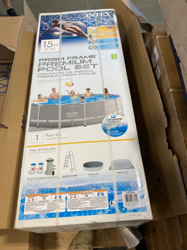 Photo 2 of  *** Factory Sealed *** Intex 26725EH Prism Frame Premium Above Ground Swimming Pool Set: 15ft x 48in – Includes 1000 GPH Cartridge Filter Pump – Removable Ladder – Pool Cover – Ground Cloth 15' x 48"