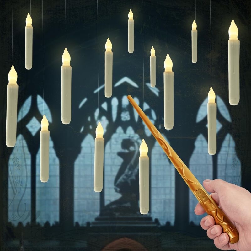 Photo 1 of ****USED** Homemory Hanging Floating Candles with Wand Remote and String, 12 Pcs Flying Flameless LED Taper Candles Warm White Light, Battery Operated Window Candles with Wand for Halloween Christmas Party
