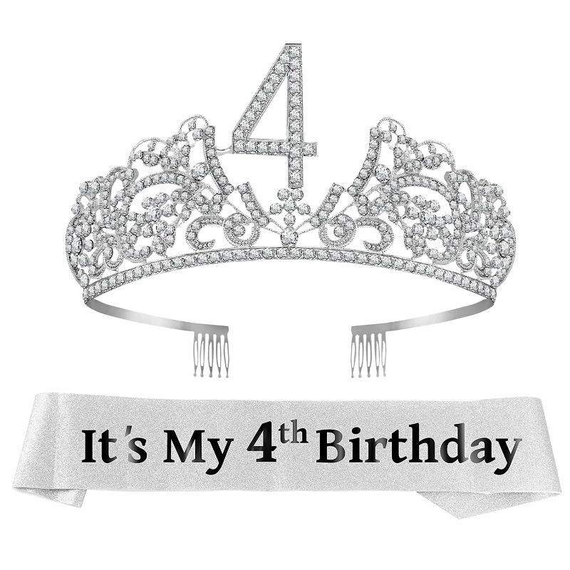 Photo 1 of 4th Birthday Sash and Tiara for Girls - Fabulous Glitter Sash + Flowers Rhinestone Silver Premium Metal Tiara for Girls, 4th Birthday Gifts for Princess