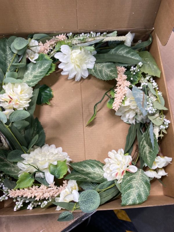 Photo 1 of ****USED*** Summer Wreath 20in Front Door Wreaths with Green Eucalyptus Leaves, Dahlias Summer Wreath for Indoor & Outdoor Festival Decoration Chrysanthemum 20 in/summer