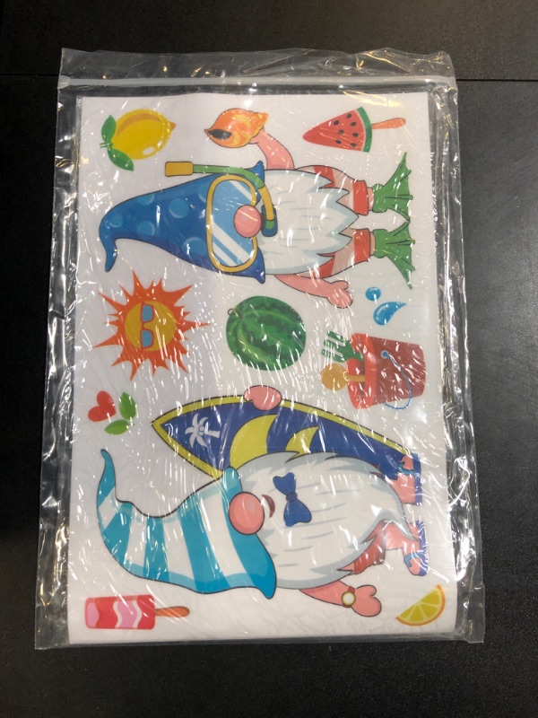 Photo 1 of 8 Sheets Summer Window Clings Gnome Stickers Beach Watermelon Lemon Tropical Static Window Clings Flip Flops Window Decal for Wall Glass Car Summer Party Birthday Decoration