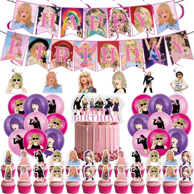 Photo 1 of Birthday Party Decorations, Pop Singer Party Merch Supplies with Happy Birthday Banner Balloons Cake & Cupcake Toppers Hanging Swirls for Women Girl Singer Music Fans Gift Home Room Decor
