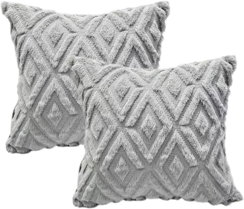 Photo 1 of Tsalei Boho Decorative Throw Pillow Covers 18x18 Set of 2, Soft Plush Faux Fur Wool Pillow Covers for Couch Bed Sofa Living Room.Grey.
