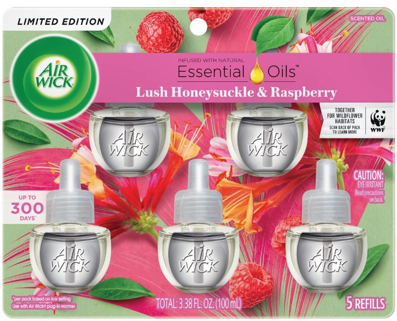 Photo 1 of Air Wick Plug in Scented Oil Refill, 5 ct, Lush Honeysuckle and Raspberry, Air Freshener, Essential Oils, Spring Collection Lush Honeysuckle and Raspberry 5 Count (Pack of 1)