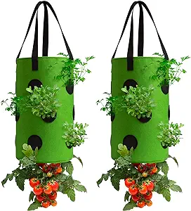 Photo 1 of 2 Pack Green Upside Down Tomato & Herb Planter, Outdoor Hanging Durable Aeration Fabric Strawberry Planter Bags
