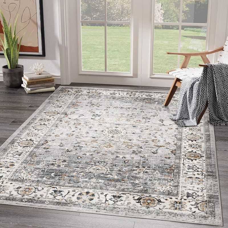 Photo 1 of xilixili 3x5 Rug with Non Slip Backing - Stain Resistant Washable Rugs for Living Room?Bedroom & Dining Room?Vintage Printed Home Decor Area Rug (Ivory/Grey,3'x5')
