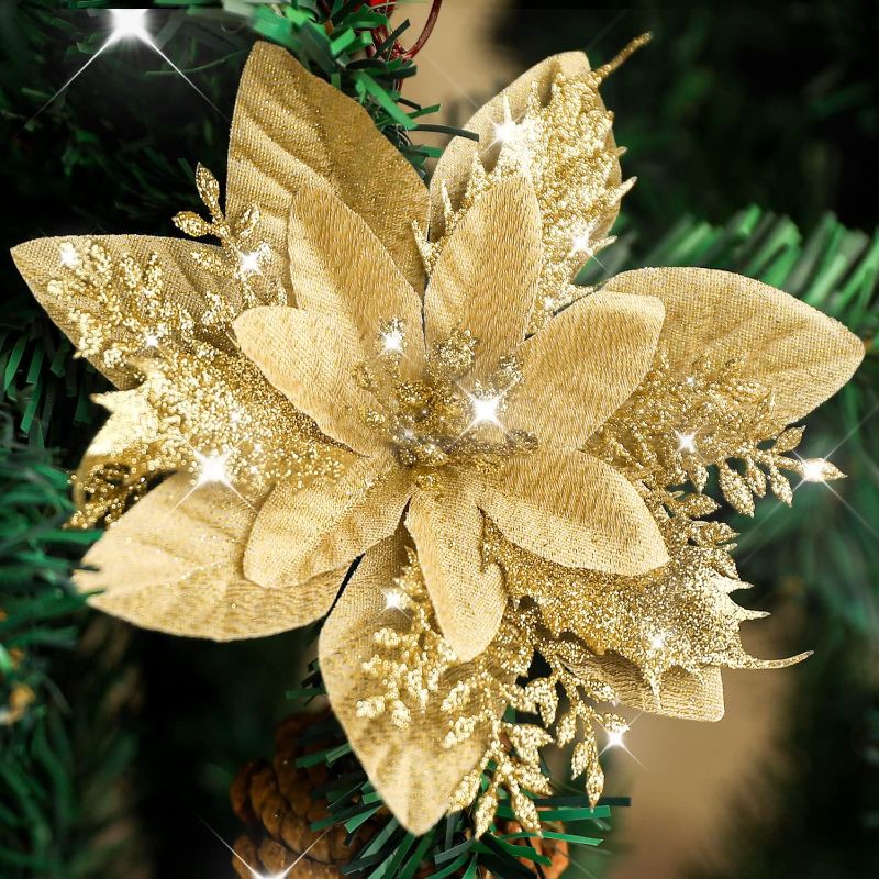 Photo 1 of Kisflower 24PCS Poinsettia Artificial Flowers Gold Christmas Flower Decorations with Clips and Stems, Glitter Christmas Tree Ornaments for Xmas New Year Wedding Party (Gold)
