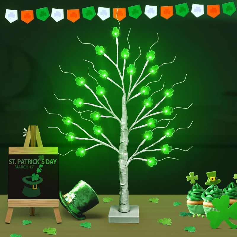 Photo 1 of St Patrick's Day Decorations 24 Inch Shamrock Birch Tree with Lights, Battery Operated Saint Patricks Day Decor Tree with 24 LED Clover Lights, Timer Lighted Tree for Home Table Party (1 Pack)
