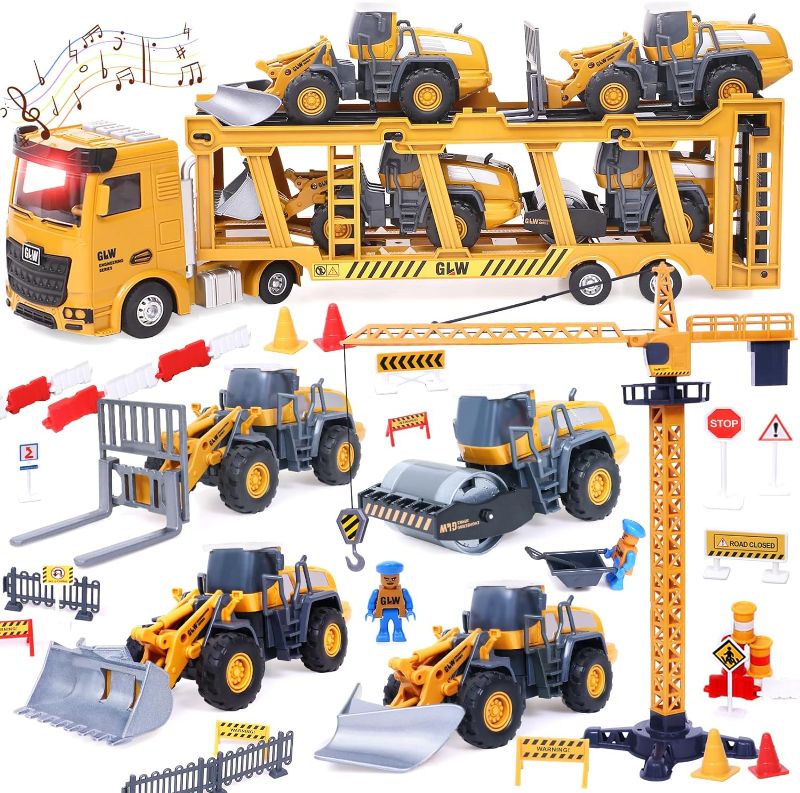 Photo 1 of Construction Truck Toys Vehicle Set, Kids Engineering Site Playset, XLarge Musical Toy Truck, Crane Toy, Bulldozer, Steamroller, Forklift, Snow Plow, Birthday Gift for Toddler Boys 3 4 5 6 Years Old
