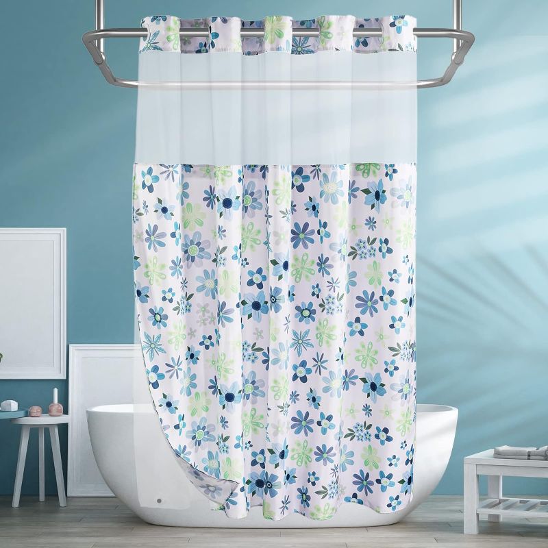 Photo 1 of Lagute SnapHook Hook Free Fabric Floral Shower Curtain for Modern Bathroom with Snap-in Liner & See Through Top Window, Machine Washable | Hotel Grade, 71Wx74L, Green Daisy
