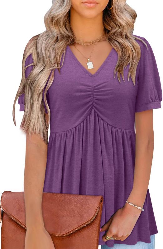 Photo 1 of BETTE BOUTIK Womens V Neck Short Sleeve Tunic Tops Dressy Summer Shirts Loose Comfy Blouses
