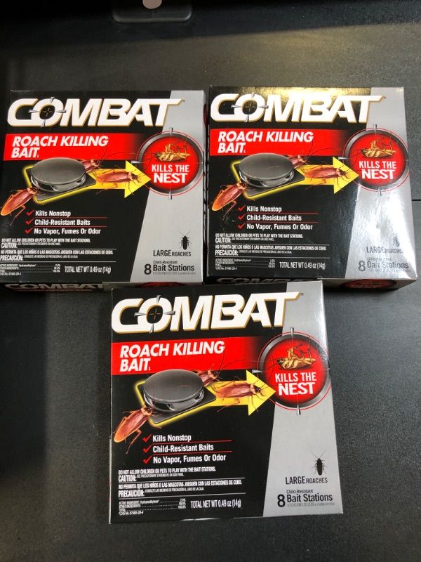 Photo 1 of PACK OF 3 - Combat Roach Killing Bait, Roach Bait Station For Large Roaches, Kills The Nest, Child-Resistant, 8 Count