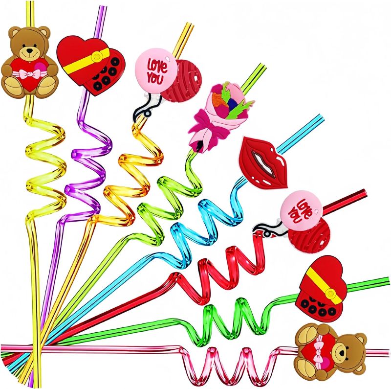 Photo 1 of 24pcs Sweet Wedding Party Loop Straws Lovers Gifts Party Favor Reusable Straws Party Favor Romantic Decoration The Engagement and wedding scene with 2 Cleaning Brushes 8 Colors
