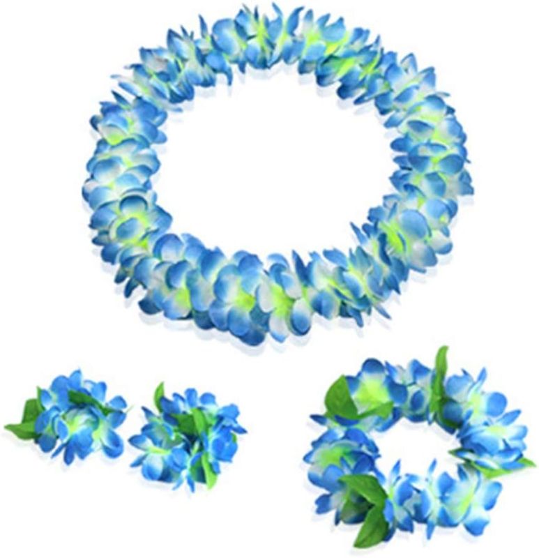 Photo 1 of 4 Pcs Blue Hawaiian Leis with Green Leaves for Graduation Party, Dance Party, Photo Prop in Outdoors (Blue)
