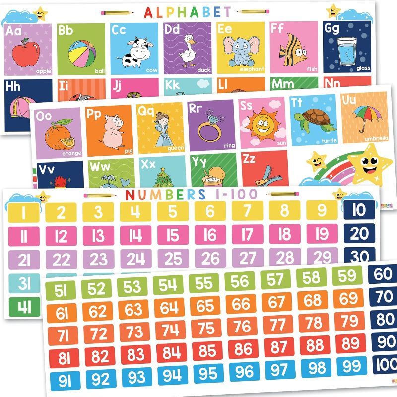Photo 1 of 4 Pcs Alphabet Banner & Numbers 1-100 Chart For Toddlers - Laminated Number Abc Line For Kids, Big Alphabet Posters For Classroom Wall Decorations For Pre-school Kindergarten Classroom Homeschool -
