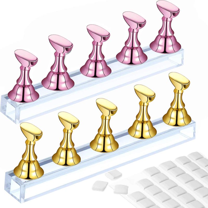 Photo 1 of 2 Set Acrylic Nail Practice Stand Magnetic Nail Tip Art Display Stand Holder Manicure Tool with Reusable Adhesive Putty Clay for Home Salon Makeup (MetalPink & Gold)
