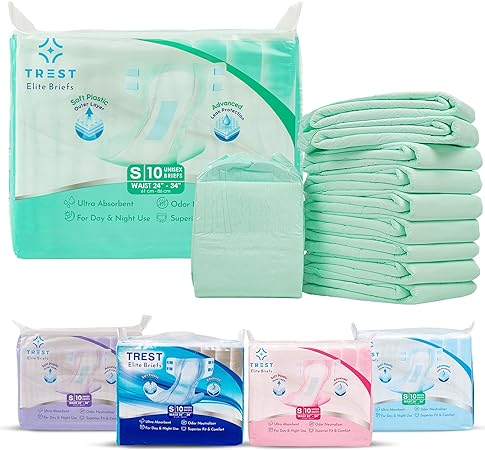 Photo 1 of TREST Elite Briefs for Men and Women, Overnight Diapers for Incontinence, Elite Absorbency, Comfortable, Odor Neutralizing and Secure Fit with 2 Wide Tabs - Green, Medium (Pack of 10)