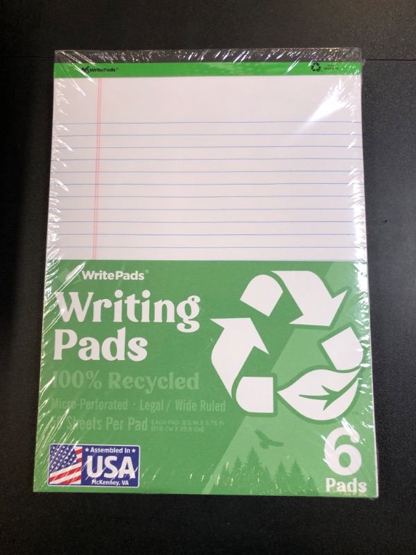 Photo 2 of WritePads Legal Pad 8.5 x 11 Note Pad, Wide Ruled Writing Pad, Recycle-White Paper, 6-Pack, 50 Sheets Per Pad, Micro-Perforated Notepad, Office Supplies (KSU-8454) - Made in the USA Recycle-White 6 Pack 8.5 x 11