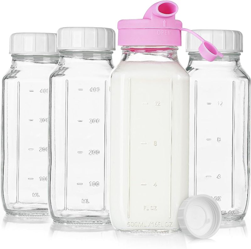 Photo 1 of 4 Pack 16 Oz Square Glass Milk Bottle With A Silicone Dispenser Cap, Glass Juice Bottles with Airtight Screw Lid, Drinking Bottles With Capacity Marks
