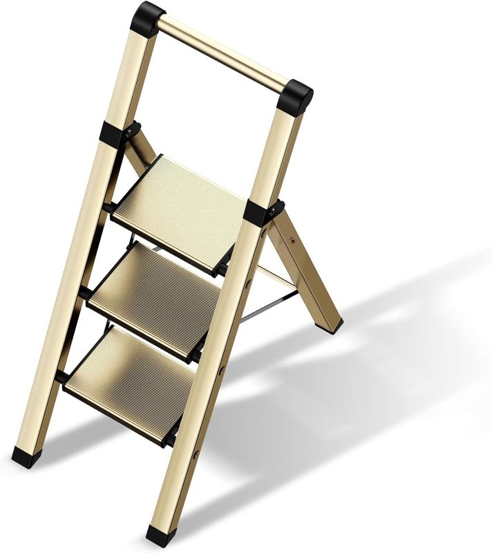 Photo 1 of 3 Step Ladder, Folding Step Stool with Aluminum Wide Pedal& Convenient Handgrip, 330lbs Capacity Steel Ladder for Household and Office (Champagne Gold)
