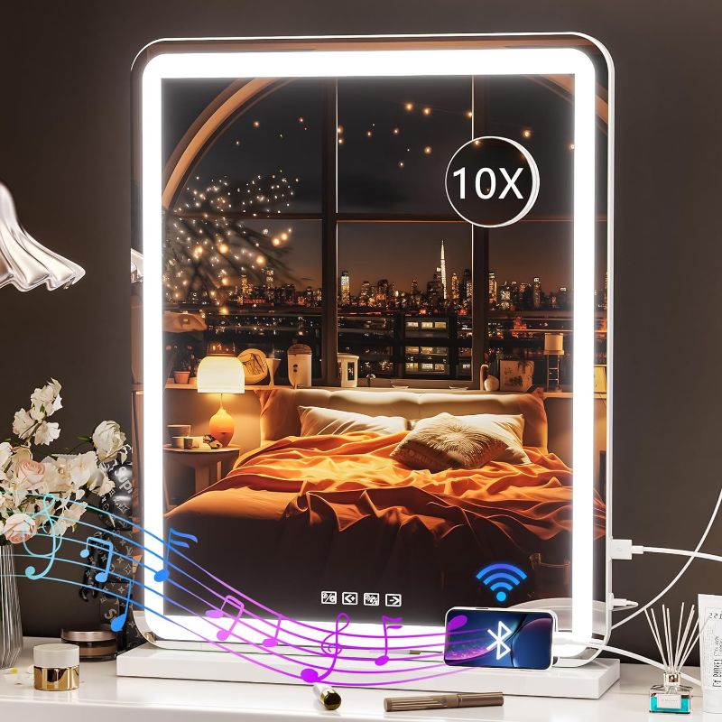 Photo 1 of Hasipu Vanity Mirror with Lights and Bluetooth Speaker, 20" x 25" LED Makeup Mirror, Light up Mirror with 10X Magnification and USB Charging Port, Smart Touch 3 Colors Dimmable (White)
