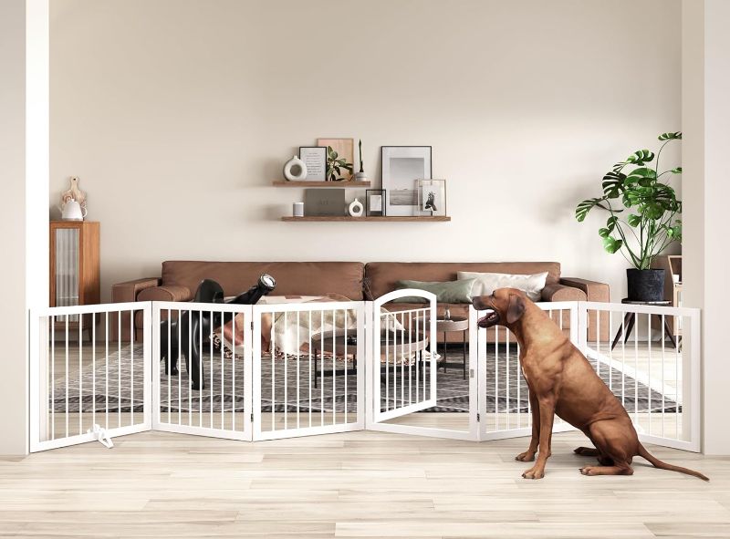Photo 1 of JSB 144-inch Extra Wide 30-inch Tall Dog gate with Door Walk Through, Freestanding Round Tube Pet Gate for Halls Stairs, Puppy Safety Dog Fence with 2PCS Support Feet (White)
