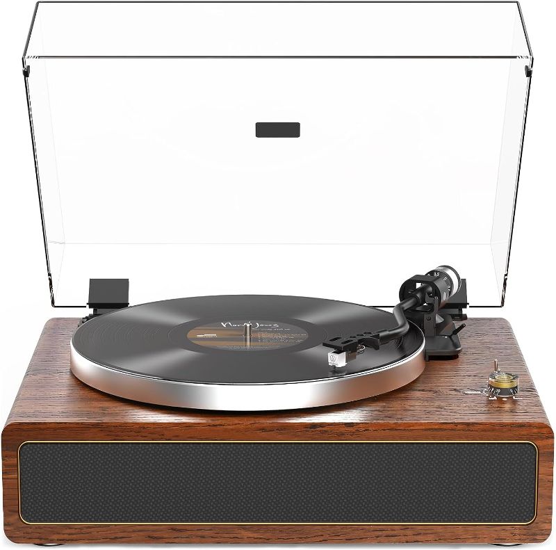 Photo 1 of Turntable Record Player with Built-in Speakers, Vinyl Record Player Support Bluetooth Playback Auto Stop 33&45 RPM Speed RCA Line Out AUX in All-in-one Belt-Drive Turntable for Vinyl Records
