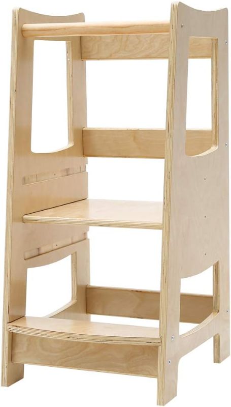Photo 1 of EGREE Toddler Kitchen Step Stool with Safety Rail Kids Wooden Standing Tower for Kitchen Counter and Bathroom Sink, 3 Heights Adjustable Step Up Stool Mothers' Helper, Solid Wood Construction, Natural
