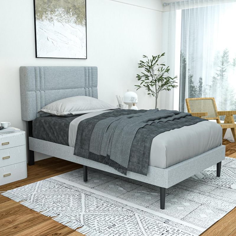 Photo 1 of Bekusu Upholstered Twin Bed Frame with Adjustable Headboard and Sturdy Wooden Slats, Non-Slip and Noise-Free Design No Box Spring Needed Easy Assembly Light Grey
