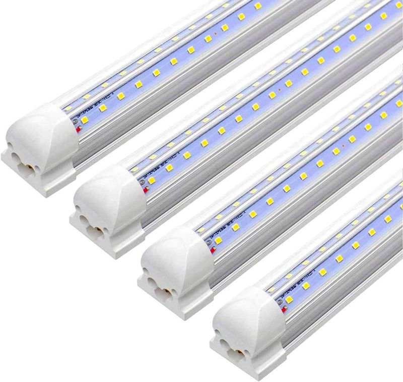 Photo 1 of SHOPLED 8FT 72W 9360LM 6000K Cool White High Output Linkable T8 Tube Fixtures, V-Shaped, 8 Foot Lights for Garage, Warehouse, 4 Pack

