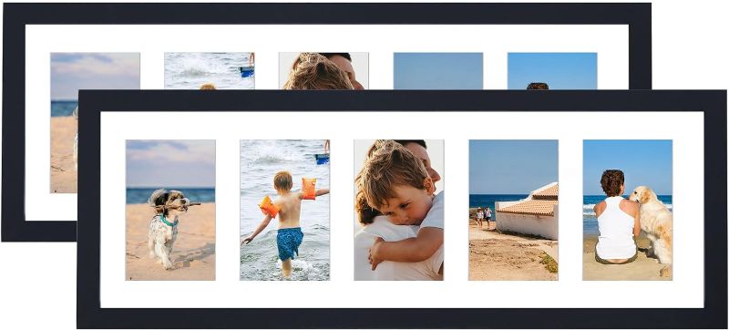 Photo 1 of 8x24 Black Collage Picture Frames with 5 Openings, Display Multiple Five 4x6 Photos or 8x24 without Mat, Wood Collage Frame Covered by Plexiglass Wall Mounting Horizontal or Vertical (Black, 2-Pack)
