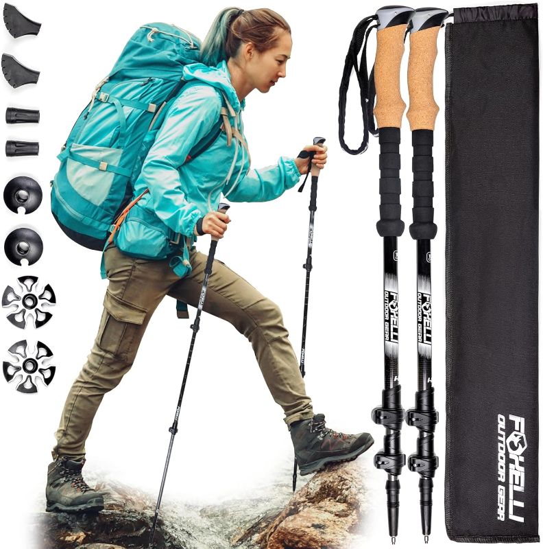 Photo 1 of Foxelli Carbon Fiber Trekking Poles – Lightweight Collapsible Hiking Poles, Shock-Absorbent Walking Sticks with Natural Cork Grips, Flip Locks, 4 Season/All Terrain Accessories and Carry Bag

