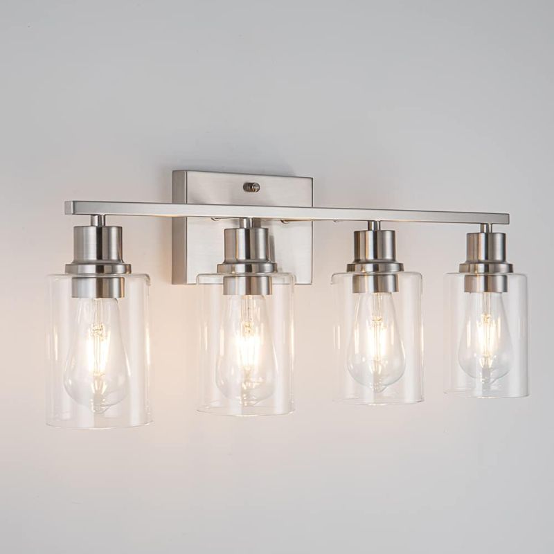 Photo 1 of Brushed Nickel Bathroom Light Fixtures,4-Light Vanity Lights with Clear Glass Shade,Wall Sconces for Hallway, Farmhouse,Living Room,Kitchen
