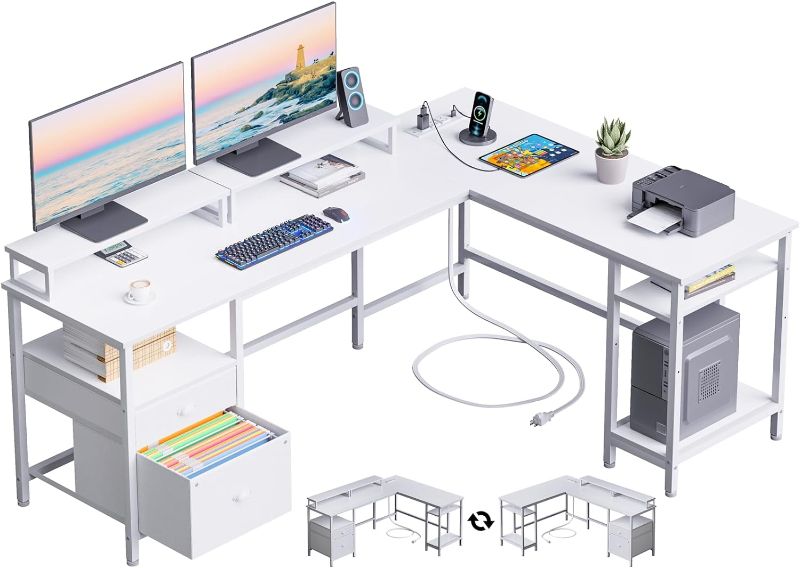 Photo 1 of Furologee White 66” L Shaped Desk with Power Outlet, Reversible Computer Desk with File Drawer & 2 Monitor Stands, Home Office Desk with Storage Shelves, Corner Desk for Gaming Writing
