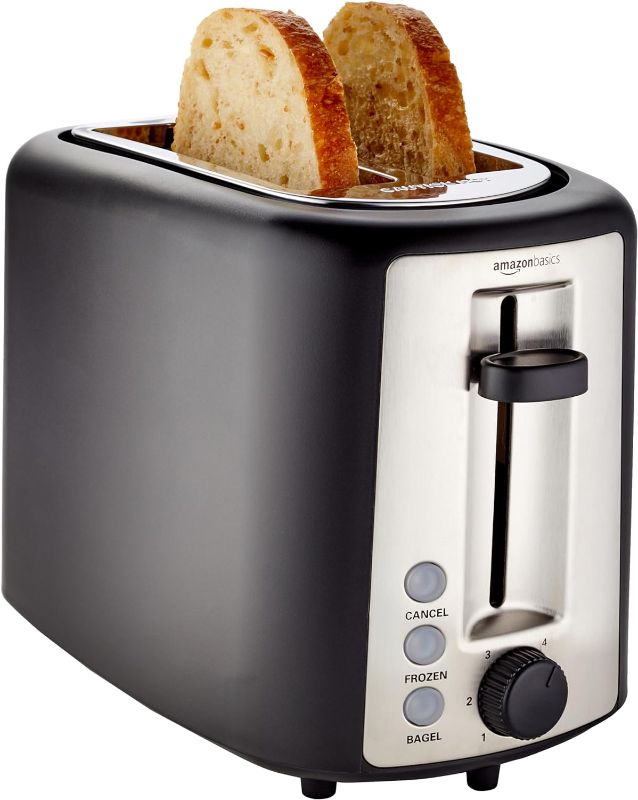 Photo 1 of Amazon Basics 2 Slice, Extra-Wide Slot Toaster with 6 Shade Settings, Black & Silver
