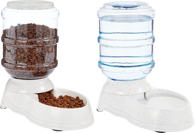 Photo 1 of Amazon Basics Automatic Dog Cat Water Dispenser Gravity Feeder Set, Small, 6-Pound Food Capacity, 1-Gallon, Gray