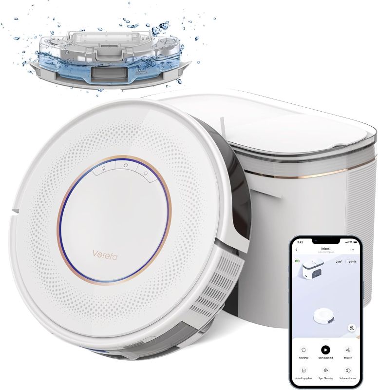 Photo 1 of Verefa Robot Vacuum Self Emptying and Mop Combo, 150mins Runtime, 53dB Quiet Cleaning, 3200Pa Suction, Self-Charging and Resume, Compatible with Alexa, Ideal for Hard Floors, Carpets