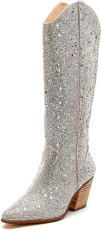 Photo 1 of Women's Rhinestone Boots Western Mid Calf Pointed Toe Fashion Cowgirl Boots 5cm Chunky Stacked Heel Pull On Boots For Ladies size 7.5