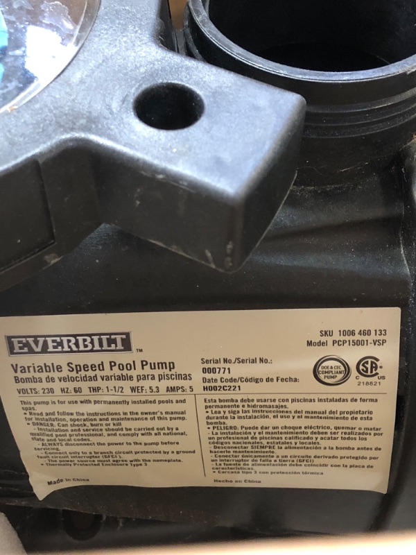 Photo 6 of Everbilt 1.5 HP Variable Speed Pool Pump (USED , UNABLE TO TEST)
