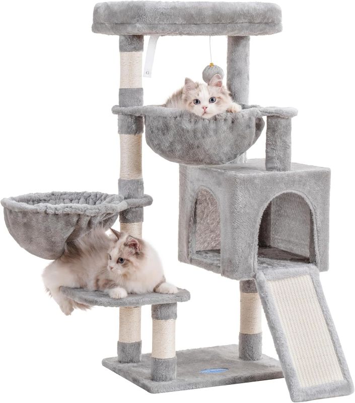 Photo 1 of Hey-brother Cat Tree, Cat Tower for Indoor Cats, Cat House with Large Padded Bed, Cozy Condo, Hammocks, Sisal Scratching Posts, Big Scratcher, Light Gray MPJ006SW
