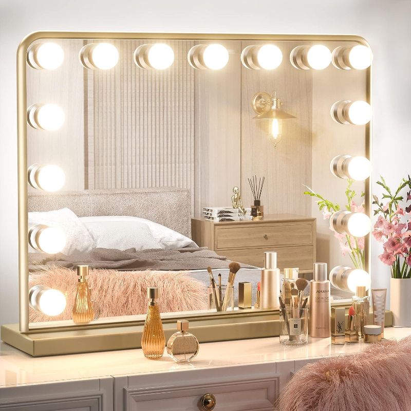 Photo 1 of Keonjinn Gold Vanity Mirror with Lights, 15 Replaceable Bulbs Hollywood Makeup Mirror with 2 Replacement Bulbs, 3 Color Lights, Aluminum Metal Frame, USB Charging Port, 23" x 18" Large Lighted Mirror
