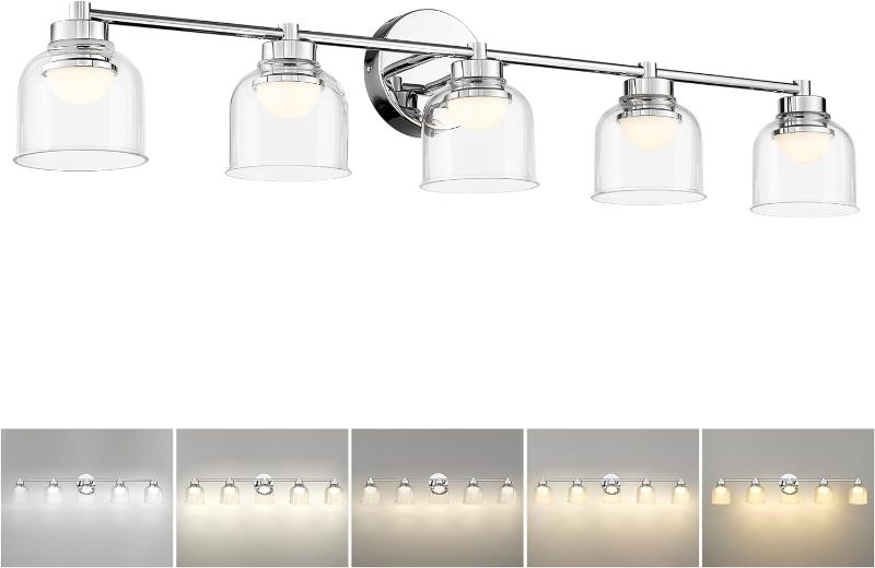 Photo 1 of Bathroom Vanity Light Fixtures Chrome, HWH 5-Light Bathroom Lights Over Mirror with Clear Glass Shade, LED Vanity Light Dimmable 3000K/3500K/4000K/5100K/6500K, 5HJF94B-5W LED CH
