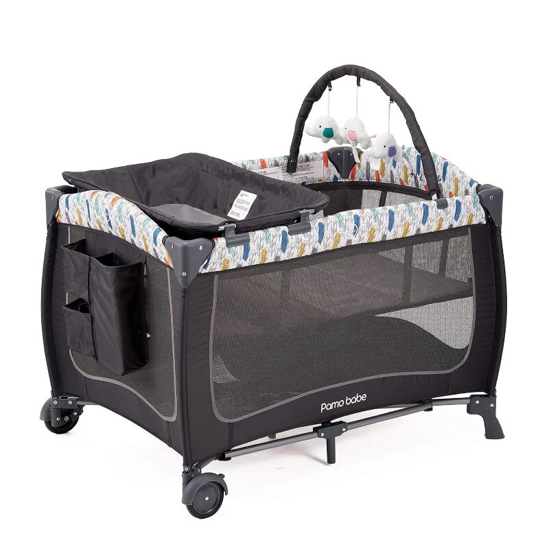 Photo 1 of Pamo Babe Portable Travel Crib for Toddlers, Baby Playpen with Bassinet and Changing Table(Blue)
