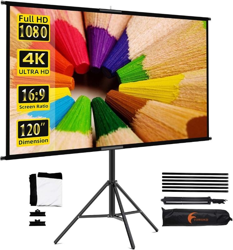 Photo 1 of Projector Screen with Stand, Towond 120 inch Indoor Outdoor Projection Screen, Portable 16:9 4K HD Movie Screen with Carry Bag Wrinkle-Free Design for Home Theater Backyard Cinema
