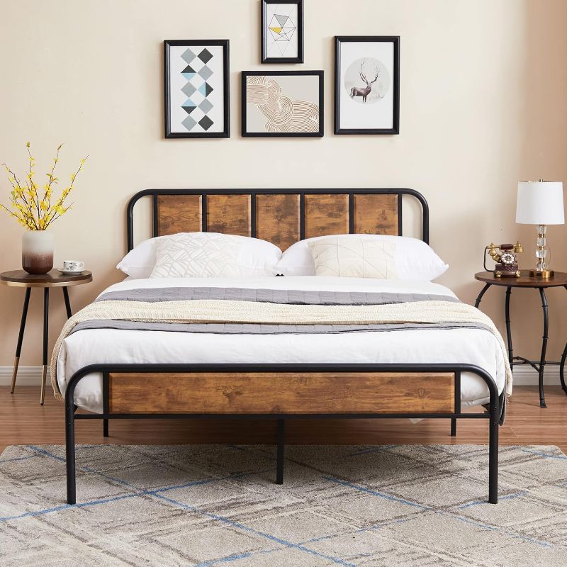 Photo 1 of VECELO Full Size Platform Bed Frame with Wooden Headboard,Sturdy Steel Slats Support/Matress Foudation/No Box Spring Needed(Brown)
