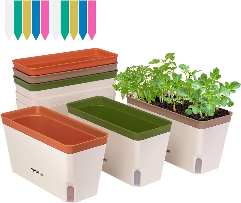 Photo 1 of VIVOSUN Self-Watering Planters, Compact Rectangular Window Herb Planter Box with 10 PCS Plant Labels, Plant Container for Basil, Flowers, Succulents, Indoor & Outdoor, 6-Pack
