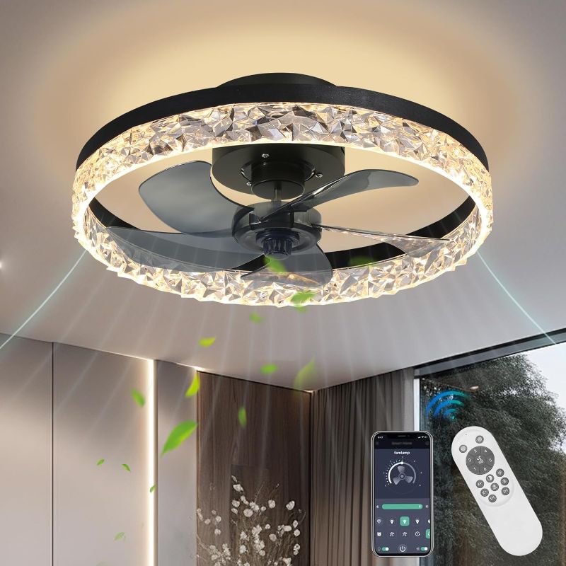 Photo 1 of Crystal Ceiling Fans with Lights,19.7" Flush Mount Ceiling Fan with Remote,Low Profile,Reversible,Noiseless,Dimmable,Black Fandelier Chandelier Ceiling Fan for Bedroom.
