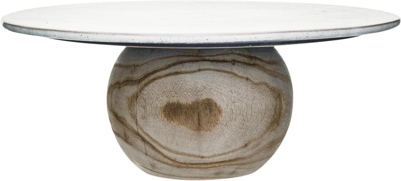 Photo 1 of Bloomingville Speckled Stoneware Pedestal with Paulownia Wood Ball Base, White
