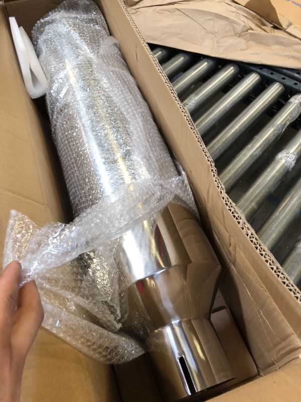 Photo 2 of FGJQEFG 4 Inch Inlet 8 Inch Outlet Polished Stainless Steel Miter Cut Diesel Exhaust Stack Diesel Exhaust Tip(Stack Smokers 4" ID Inlet 36" Long) 4‘’Inlet 8‘’Outlet-Silver