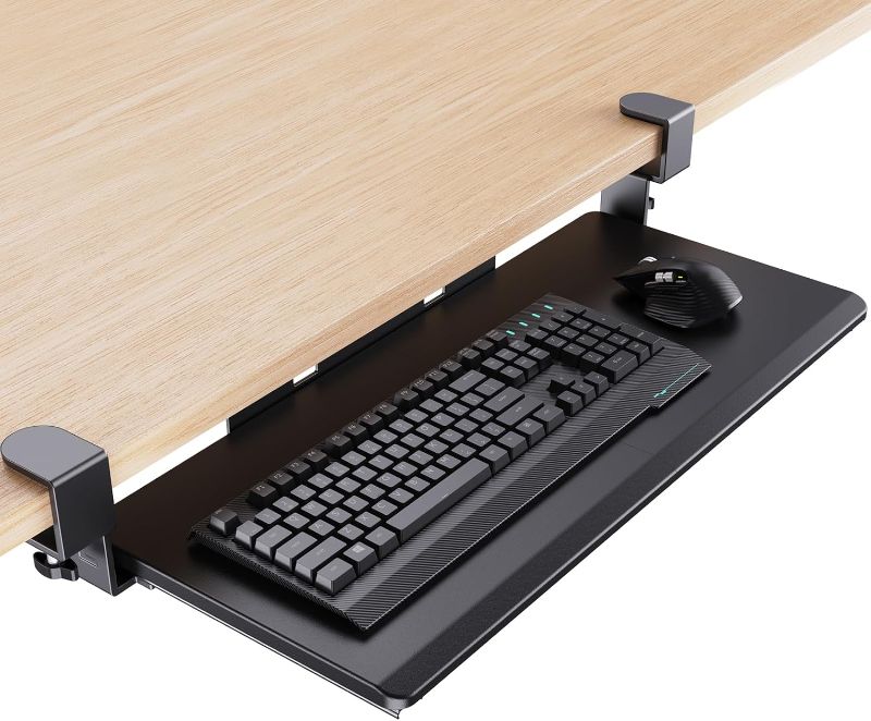 Photo 1 of HUANUO Keyboard Tray Under Desk, Keyboard Holder with C-Clamp Hardware, 26.5? W x 11.8? D Slide Out Computer Keyboard & Mouse Tray for Home Office, Black, HNKB12B
